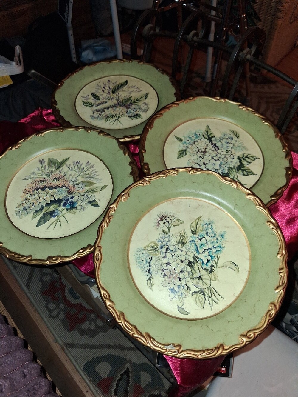 Decorative Floral Accent Plates in Sage Green with Gold Trim - Vintage Toyo POT